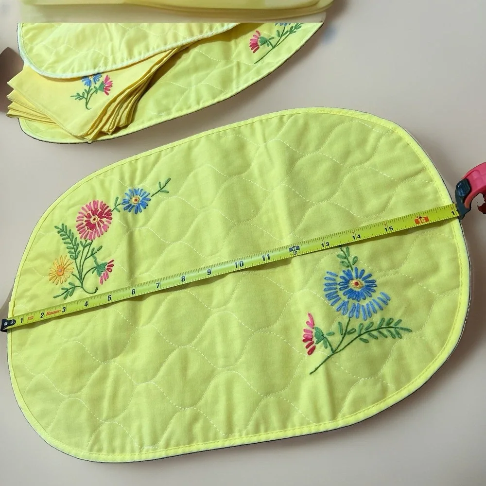 Vintage 70s MCM Yellow Embroidered Floral Cotton Placemat/Napkin Set For 4